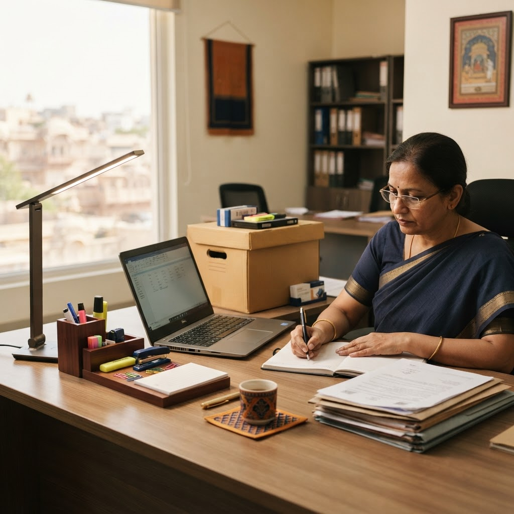 Organized office equipment and stationery ready for institutional supply